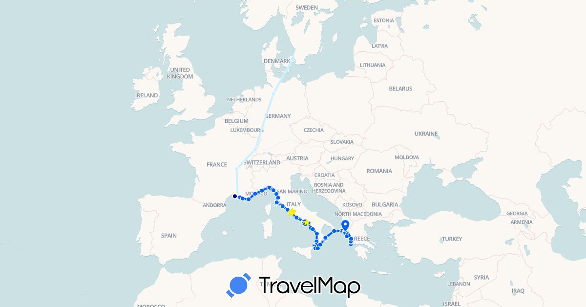 TravelMap itinerary: driving, bus, cycling, motorbike, sailing, car in Germany, Denmark, France, Greece, Italy (Europe)