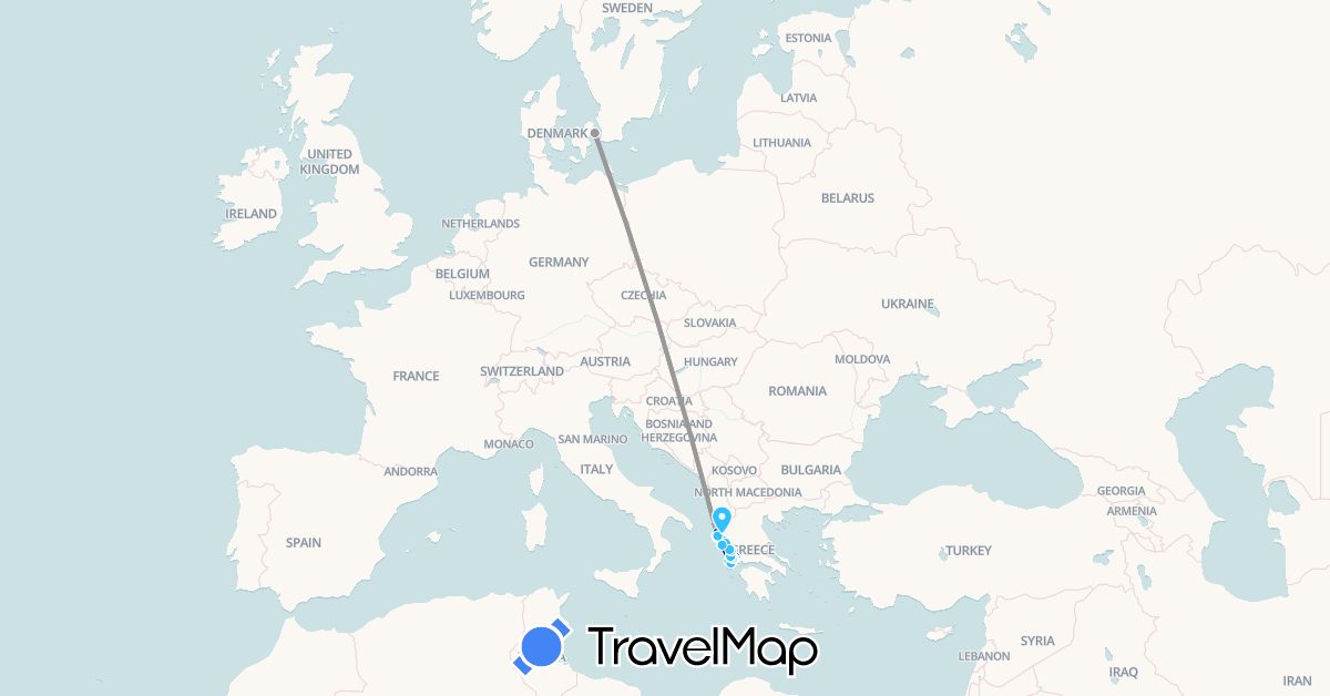 TravelMap itinerary: driving, plane, boat, sailing in Denmark, Greece (Europe)